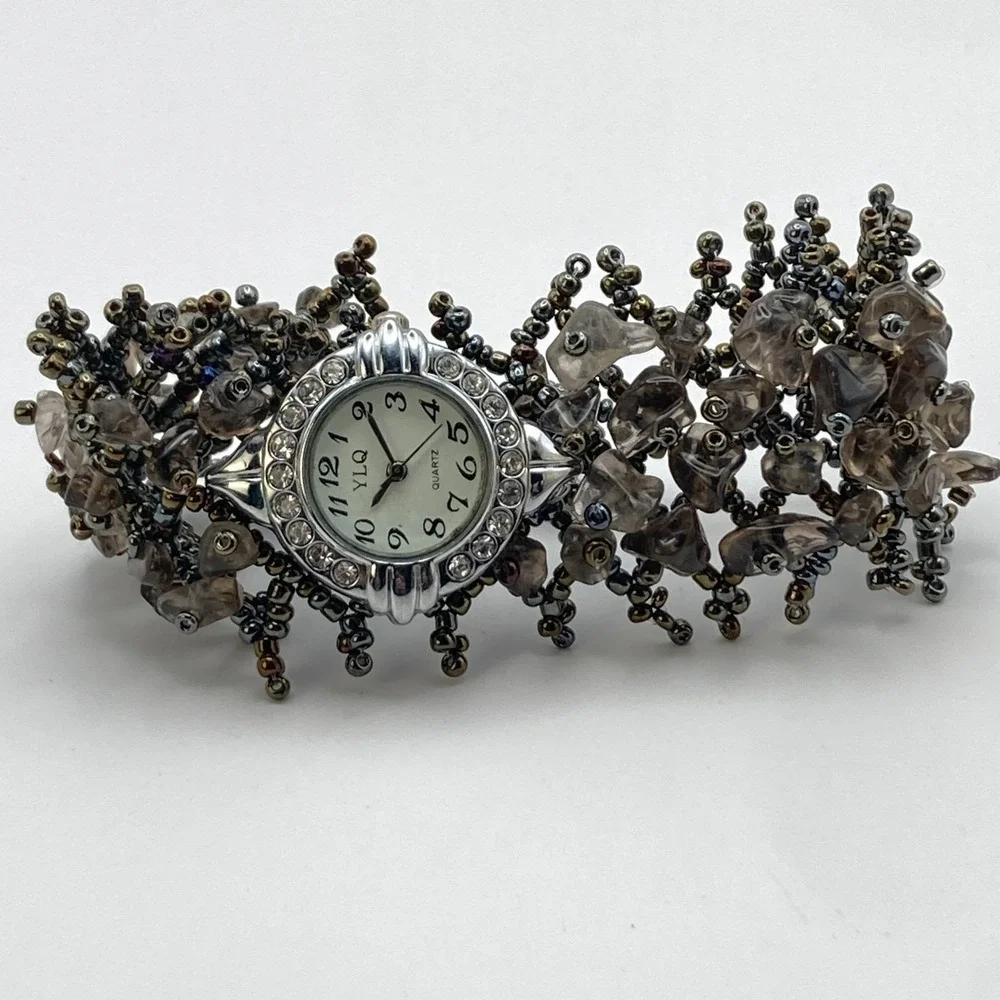 Artisan Womens Watch Beaded Gemstone Silver Tone Crystals New Battery 7.25